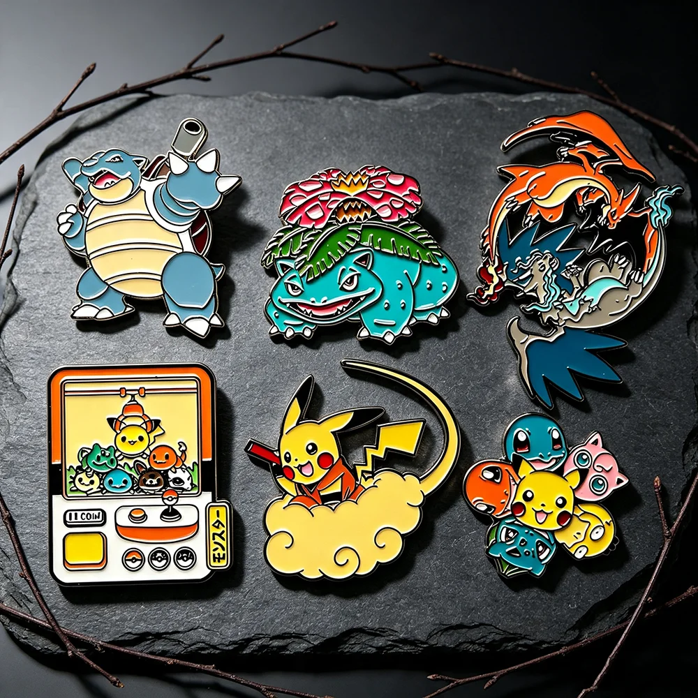 6pcs Anime Enamel Pins Set Cute Japanese Cartoon Blastoise Venusaur Charizard Fantasy Creatures Metal Brooches Gift for Fans