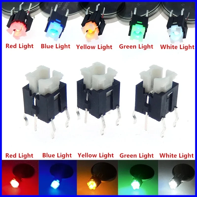 5Pcs 6*6*9.5mm 6PIN DIP Through Hole Micro Push Button Tactile Momentary With LED Switch Tact Push Indication Button mode