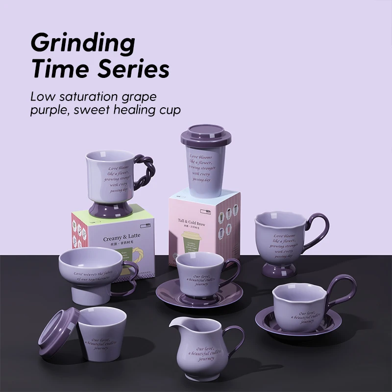 SOLECASA Keramik-Kaffeetassen-Set in Traubenlila, Porzellan-Kaffeetassen mit Verschiedenen Größen 220-450ml, INS-Style Becher mit Geschenkbox