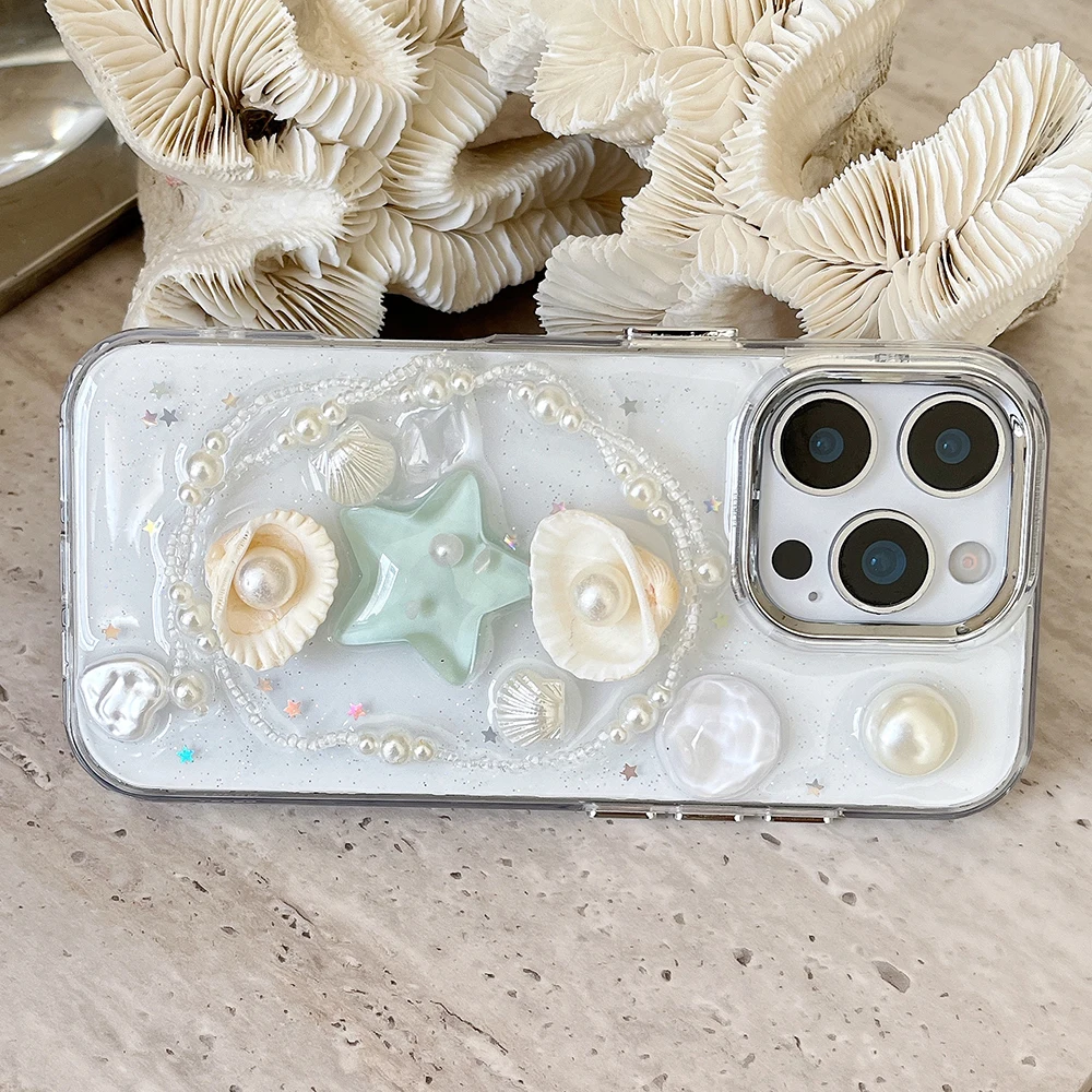 Niedliche 3D-Handyhülle mit Seestern, Schleife und Muschel für iPhone 18 17 16 15 14 13 12 11 Pro Max, glitzernde Pailletten, stoßfeste weiche Silikonhülle – Detail 4