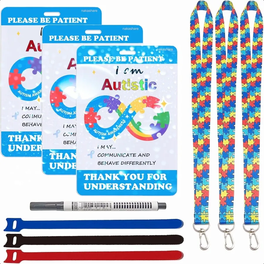 

Autism Safety Tag Card with Loop Fastener Strips Tag for Travel Communication Pack of 3 Sets
