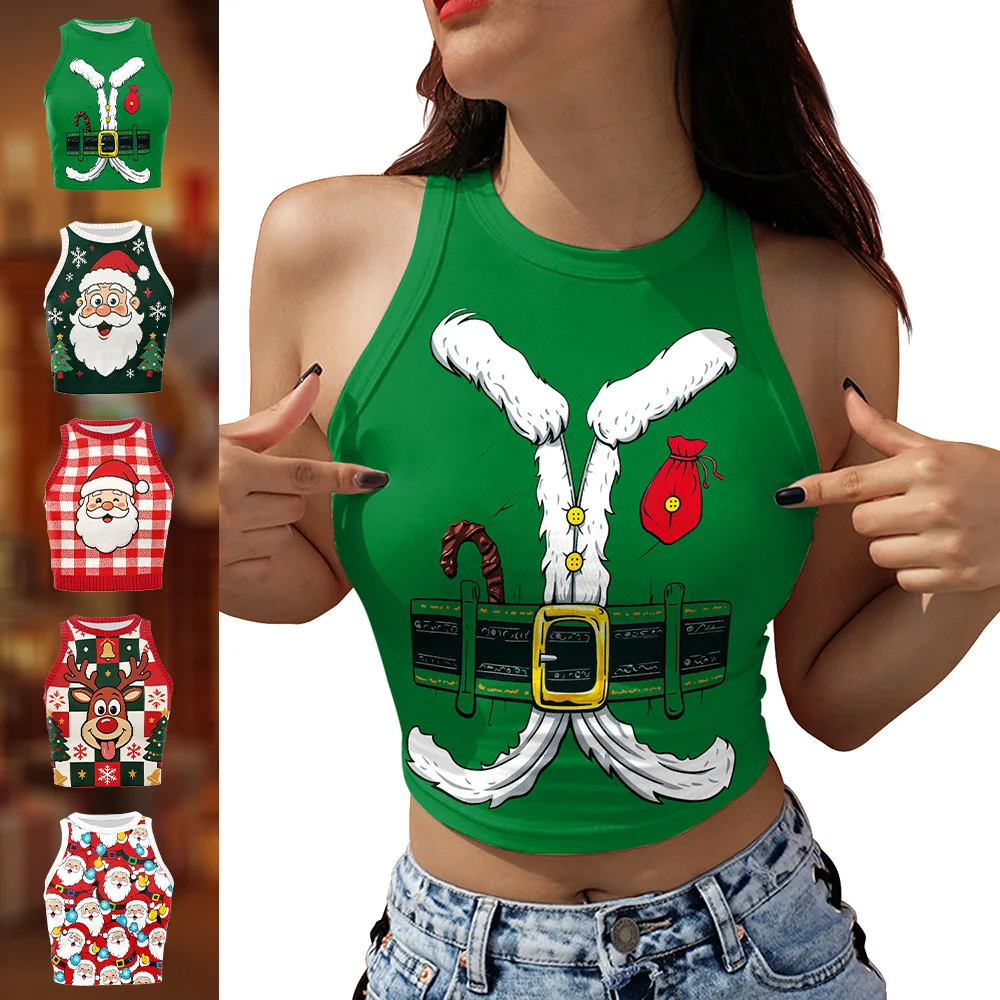 Phantasy Christmas Cartoon-Printed Tank Top Sexy Santa Claus 3D Print Sleeveless Crop Top Women Christmas Party Funny Outfits