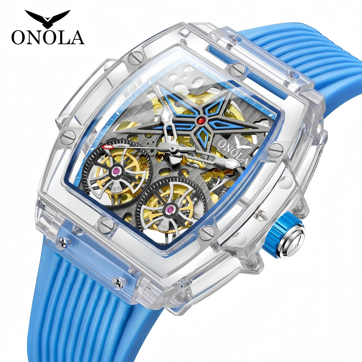 Uhren männer ONOLA Luxus Mode Kunststoff Transparent Hohl Voll Automatische Mechanische Uhr für Männer Wasserdichte Uhr