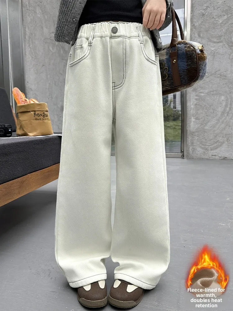

Thiened Fce Wide Leg Jeans for Girls Autumn Winter High Waist Denim Pants with Heart Pattern Warm Faionable School Uni...