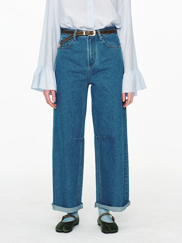 

Классические прямые джинсы из хлопкового денима с боковыми разрезами, ретро-синие, женские, премиум-класса, для повседневной носки