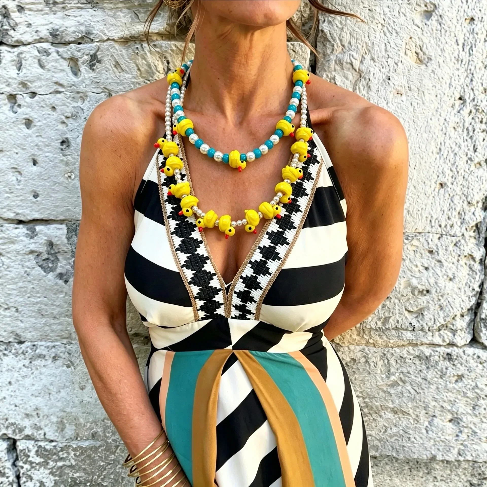 Cute Yellow Duck Beaded Necklace Colorful Duck Pendant Layered Pearl Bead Chain Bohemian Vacation Statement Jewelry for Women