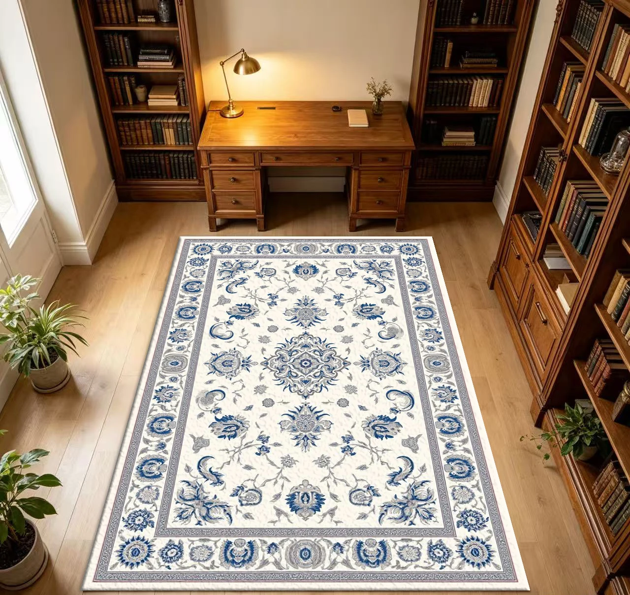 Blue and White Persian Floral Carpet Floor Tiles Classic Oriental Style Carpet Living Room Non-Slip Floor Mat