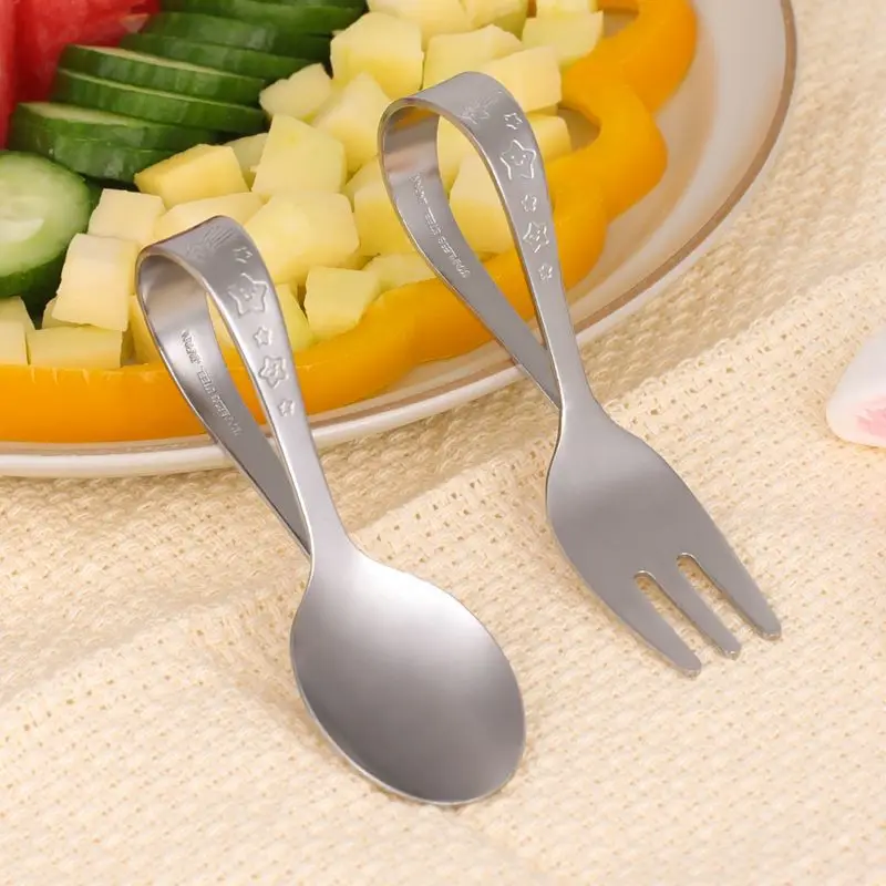 ステンレススチール製スプーンフォークセット-子供用-赤ちゃん用-握りやすいトレーニング食器-食事学習セット-子供に優しいカトラリー