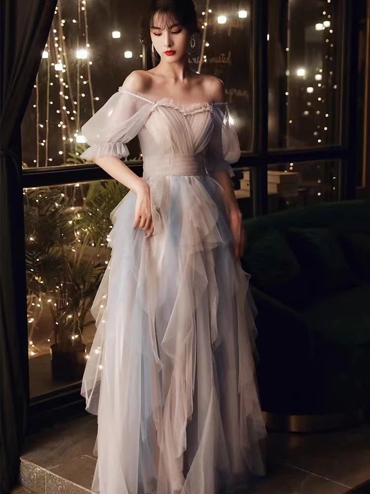 فستان سهرة أنيق عتيق بأكمام قصيرة وياقة مربعة مثير بطيات على شكل حرف a من التل أنثى بدون ظهر فستان أداء طويل للولائم