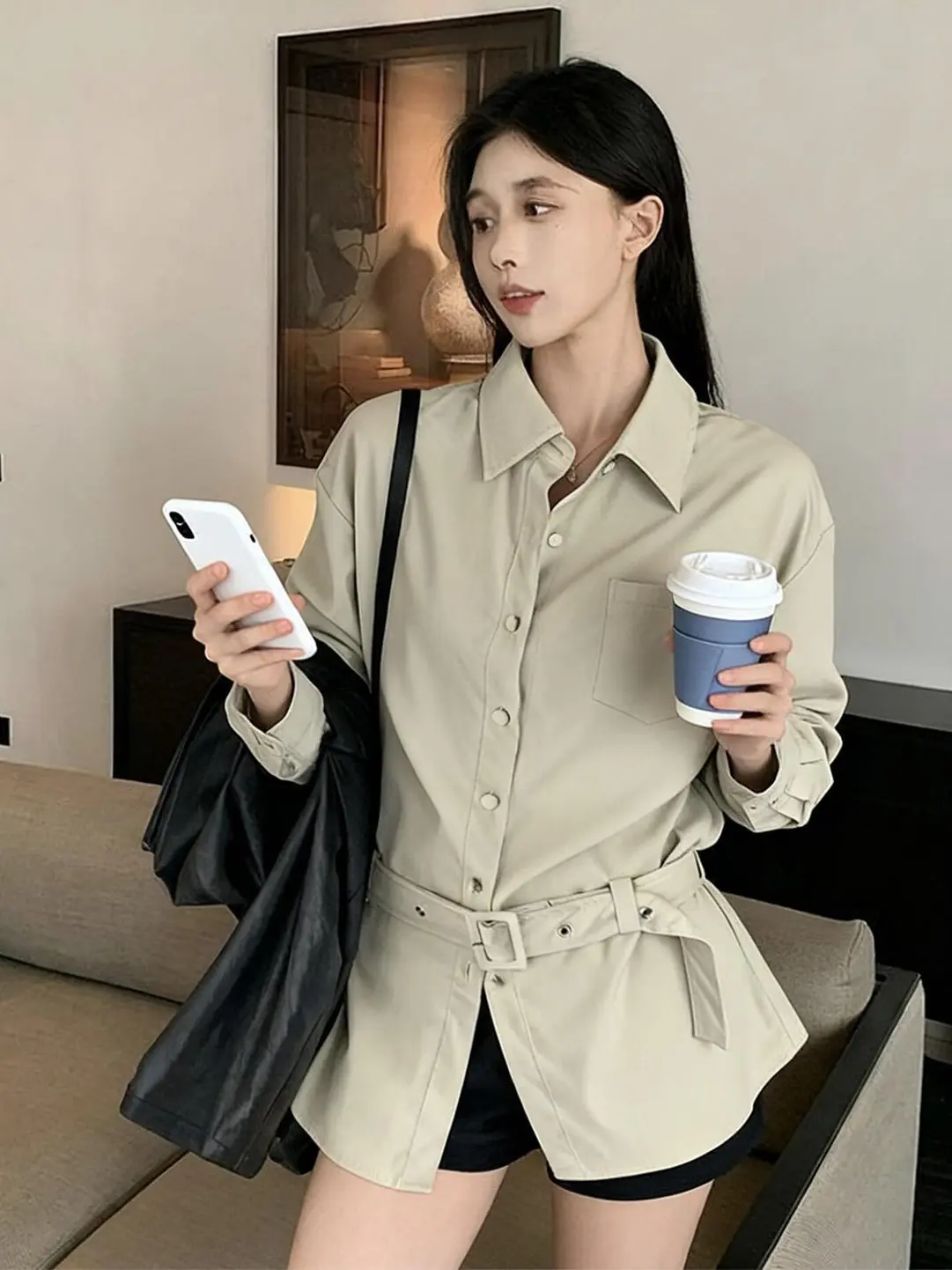 

Модный женский повседневный универсальный топ с длинным рукавом, стройнящий силуэт, тренд весны 2026, для работы, в корейском стиле, свободного кроя, из полиэстера