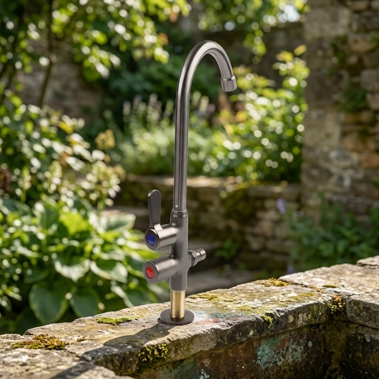 Extended Length Outdoor Faucet with Dual Control Valves and Rotatable Spout for Garden Sink and General Exterior Water Tasks