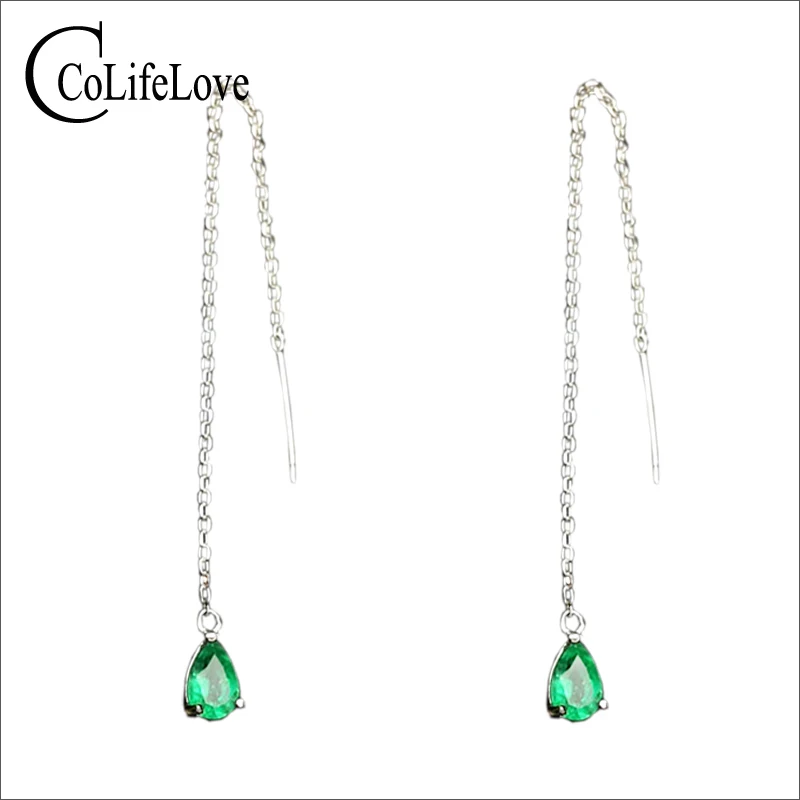 Elegant Silver Emerald Long Drop Earrings for Wedding 4 Mm * 6 Mm Pear Cut Natural Emerald Earrings 925 Silver Emerald Jewelry