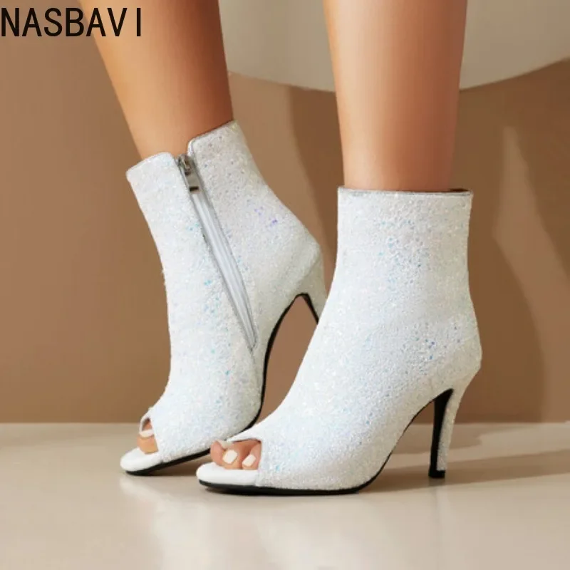 

2025 Bling Black/silver Glitter Gladiator Boots Women Peep Toe Platform Sandalias Mujer Shiny Sequined High Heels Shoes Woman