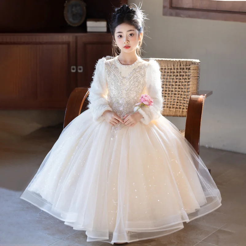 Girls' Formal Dress Host Autumn Winter Flower Girl Light Luxury Niche High-end Princess Dress Girl's Birthday Piano Wedding Styl