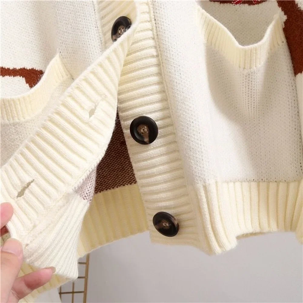 Khaki Women\'s Long Knitted Cardigan, Loose Korean Style Owl Pattern Coat Sweater, V-neck Button Warmth, Thick Aesthetic Sweater