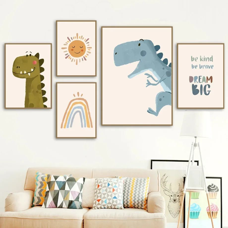 

Cartoon Cute Dinosaur Rainbow Sun Wall Art Canvas Painting Nursery Posters And Prints Wall Pictures Baby Kids Room Home Decor