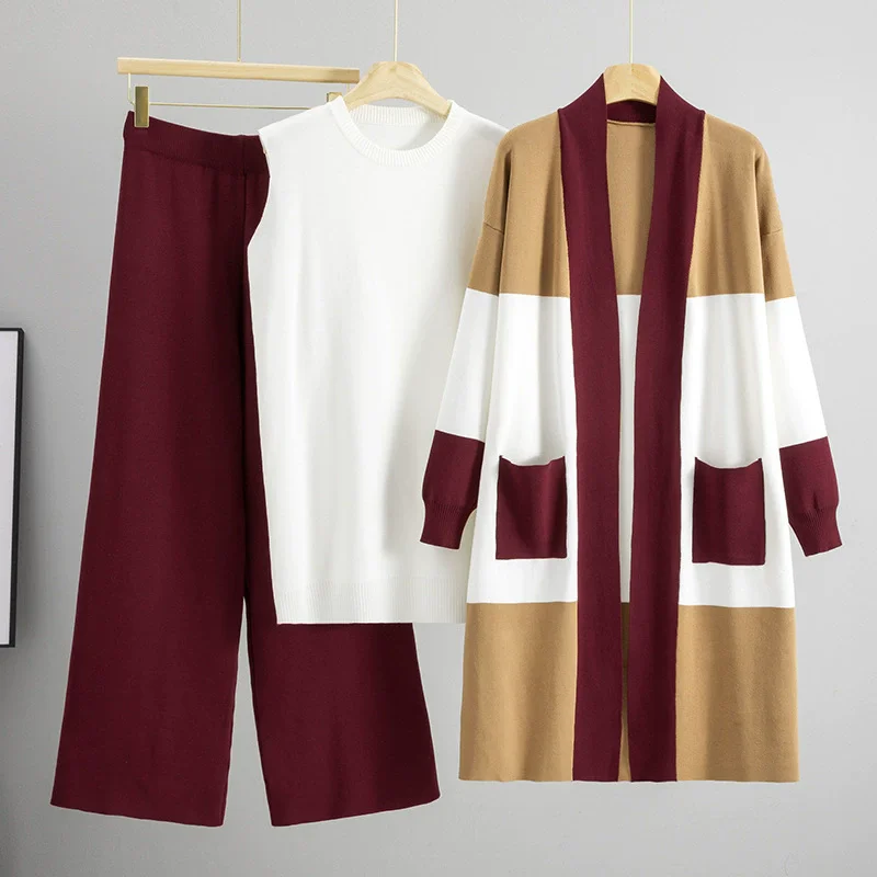 الكورية تصميم محبوك 3 قطعة مجموعات النساء سترة بيضاء + منتصف طول سويتر مقلم سترة Conjuntos عالية الخصر السراويل فضفاضة الزي #2