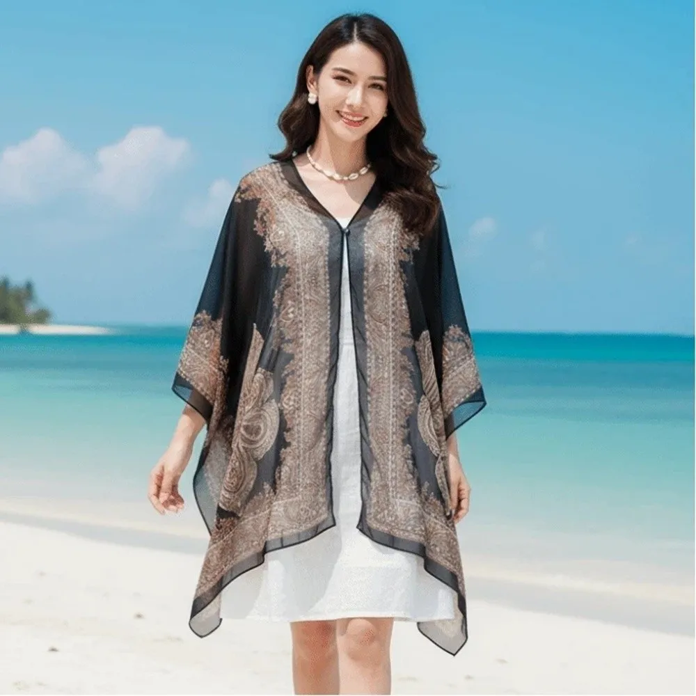 

Breathable Big Printed Flower Shawl with Buckle Polyester Sunscreen Thin Large Scarf Long Lightweight Seaside Vacation Cloak