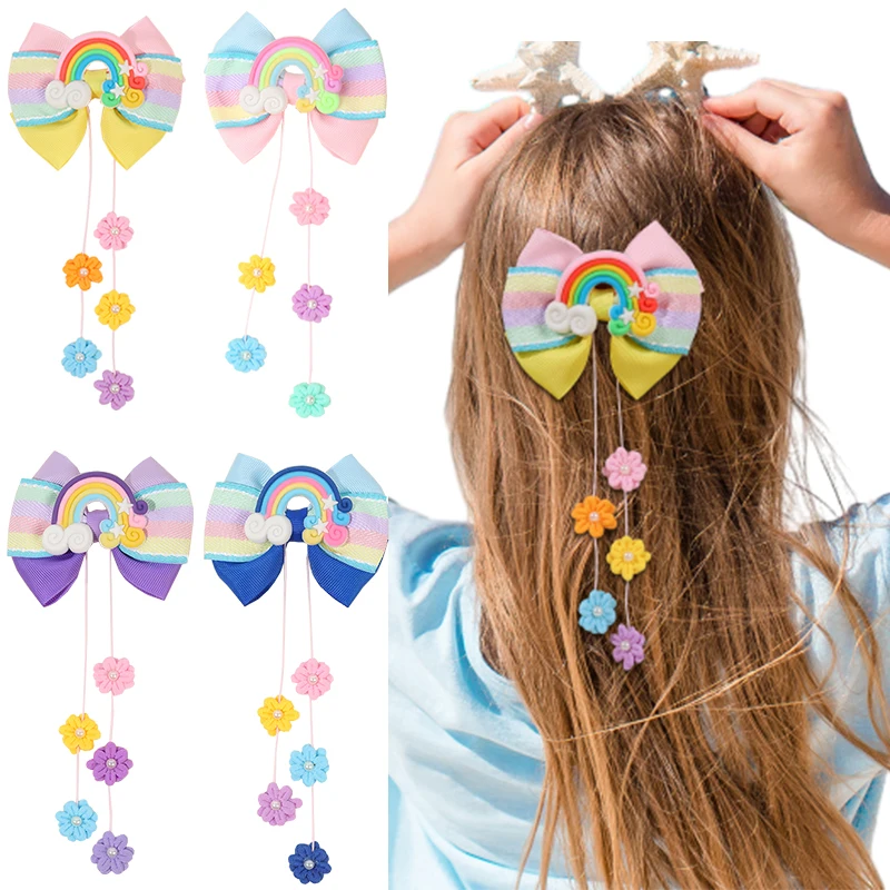 ncmama New Rainbow Hair Bow Clip with Flower Tassel Baby Flower Pearl Bow Hairpin Kids Headwear Girls Hair Accessories Barrettes