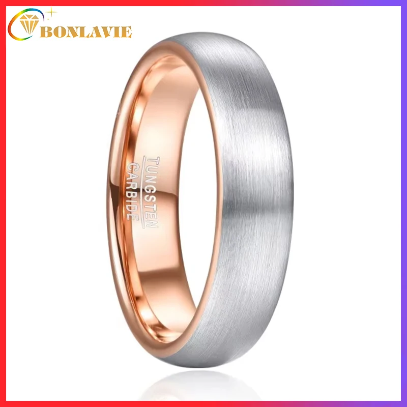 

BONLAVIE 6mm Surface Lasa Inner Carbide Fiber Ring Plated with Rose Gold Tungsten Steel Men Rings Polished Shiny Comfort Fit