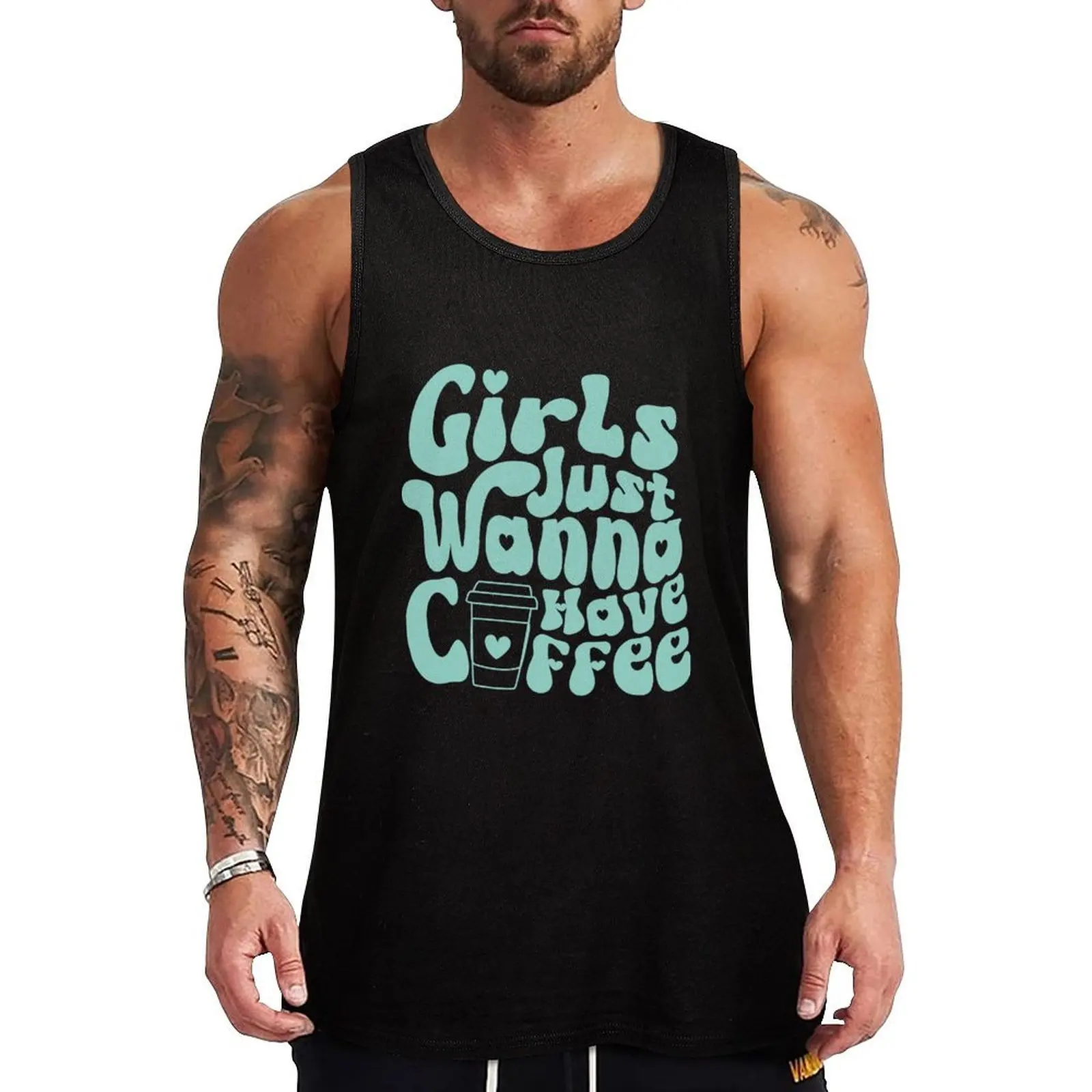 Girls Just Wanna Have Coffee (Green) Tank Top Minimal Print Tank Top Simple Graphic Sleeveless