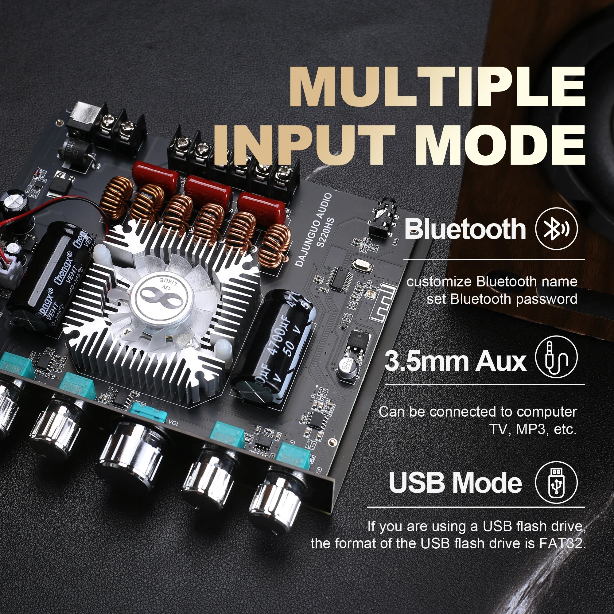 Imagem -04 - Placa do Amplificador do Poder de Bluetooth Módulo Audio do Amplificador do Poder S220hs 2.1 Canaliza Tda7498e 160w x Mais 220w 12v38v