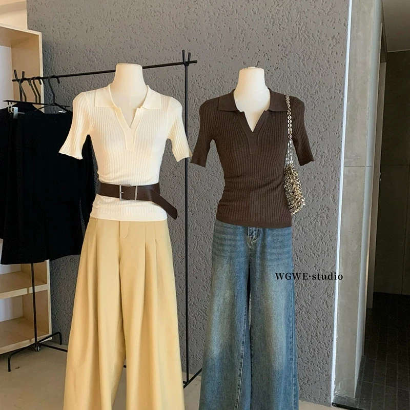 

Korean contrasting color one-shoulder short-sleeved T-shirt for women 2025 summer new irregular knitted top