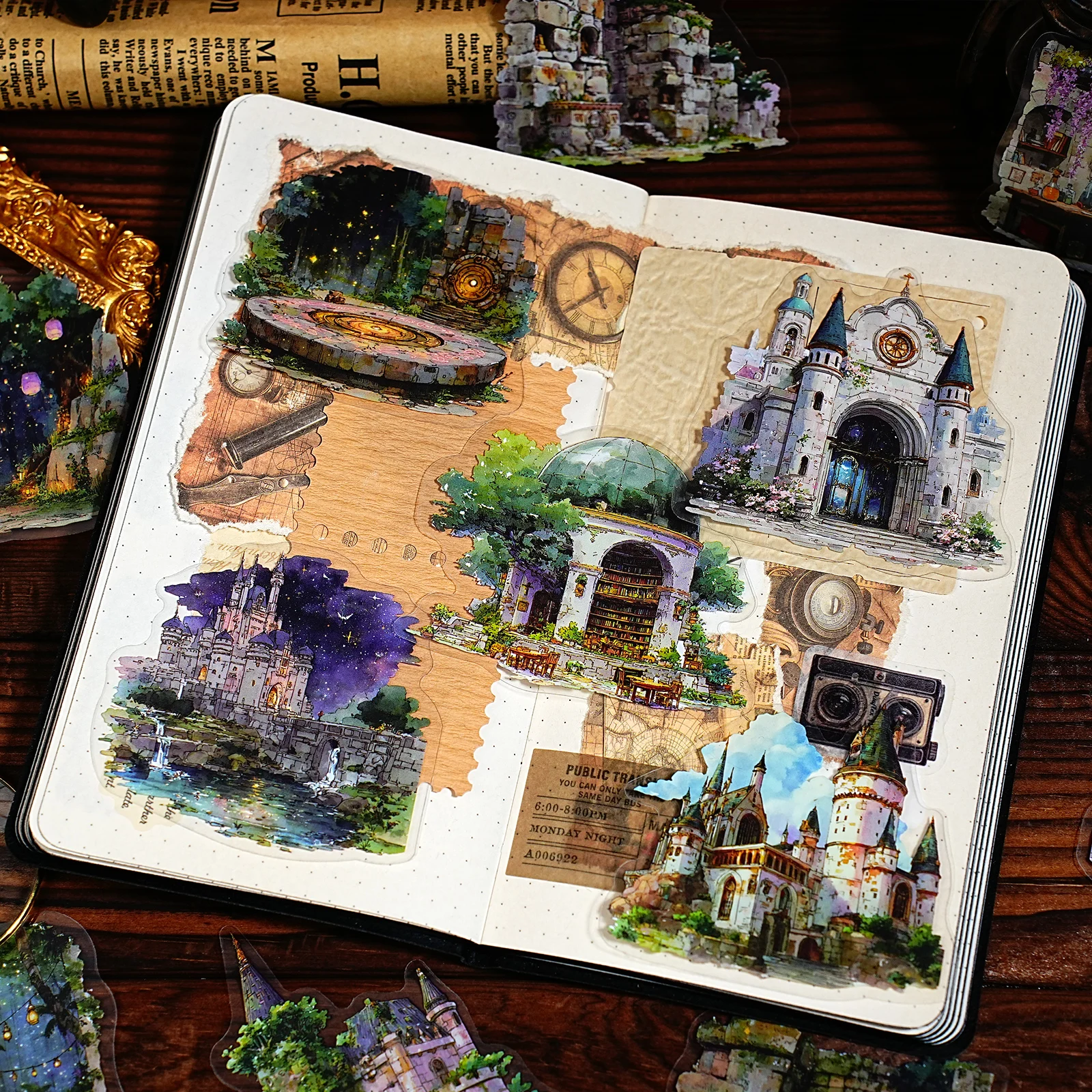 Etori Life Magic World Retro Magic Castle Architecture Pattern Pet Scenery Stickers DIY Scrapbooking Supplies, Room Decoration, Notebook, Phone Stickers, Photo Album, Children's Gift Paper Bag, Retro Party, Toy Stickers, Die-Cut Craft, Waterproof Decals