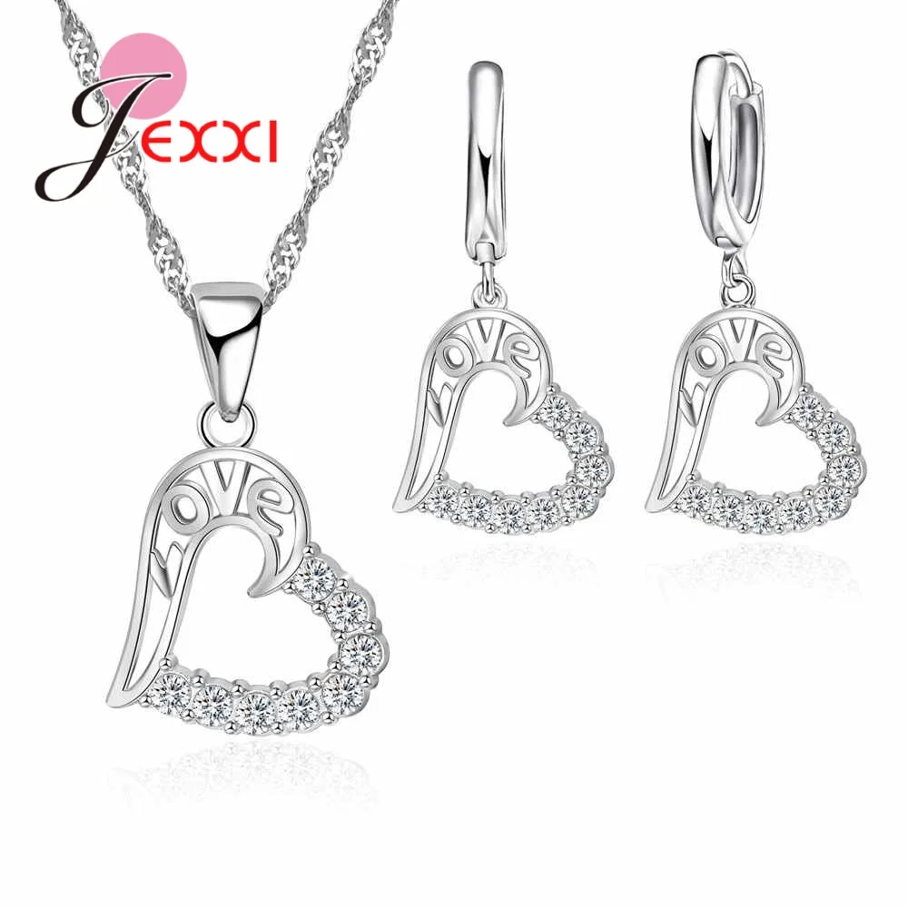 Hollow Love Letters Design Heart Chain Necklace Earrings 925 Sterling Silver Color Paved Micro Rhinestone Fashion Jewelry Sets