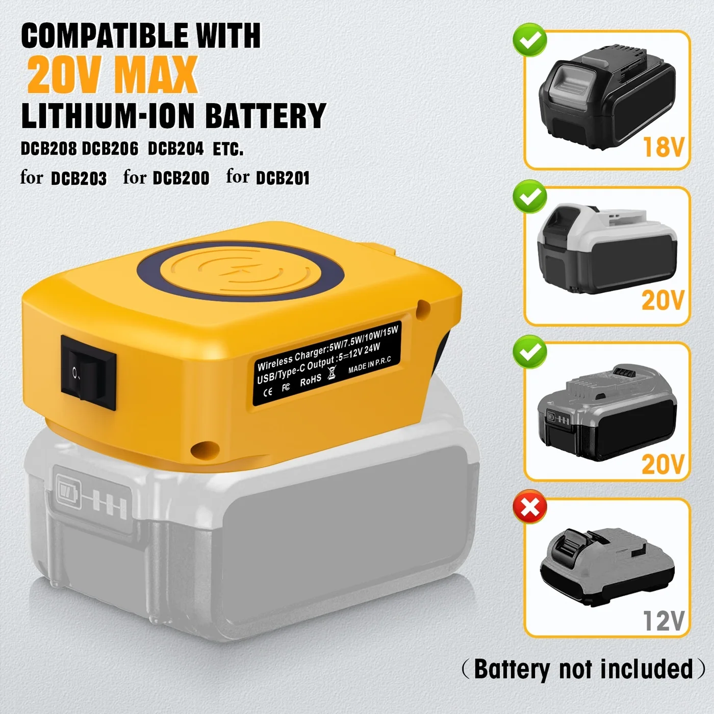 

Беспроводное зарядное устройство для мобильного телефона 15 Вт, USB-адаптер, подходит для Dewalts DCB203 и 48-11-1862, литиевый
