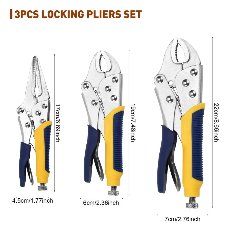 3-piece Locking Pliers Set, 10-inch Curved Jaw, 7-inch Curved Jaw and 6-1/2-inch Straight Jaw