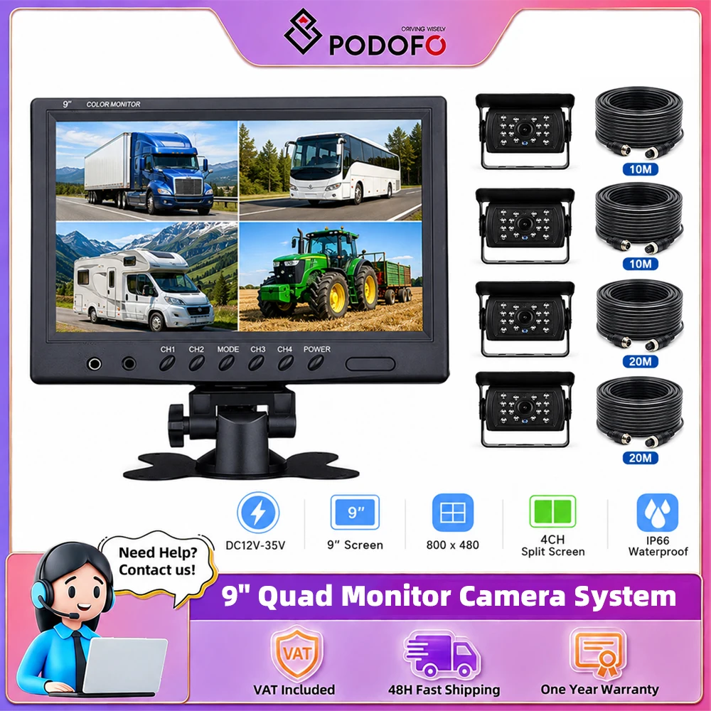 Podofo 9-Zoll Auto-Rückfahrmonitor LCD-Display Rückfahrkamera mit Nachtsicht für Bus, LKW, Anhänger mit IP66 Wasserschutz und 4 Kameras
