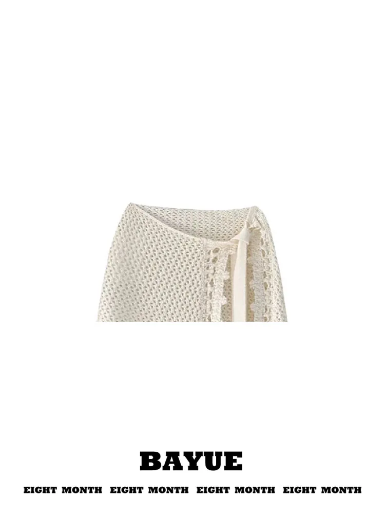 Short Knitted Half Skirt with Hollow out Hook Weave Belted  Urban Commute Style High Waist A-Line Skirt for Ladies