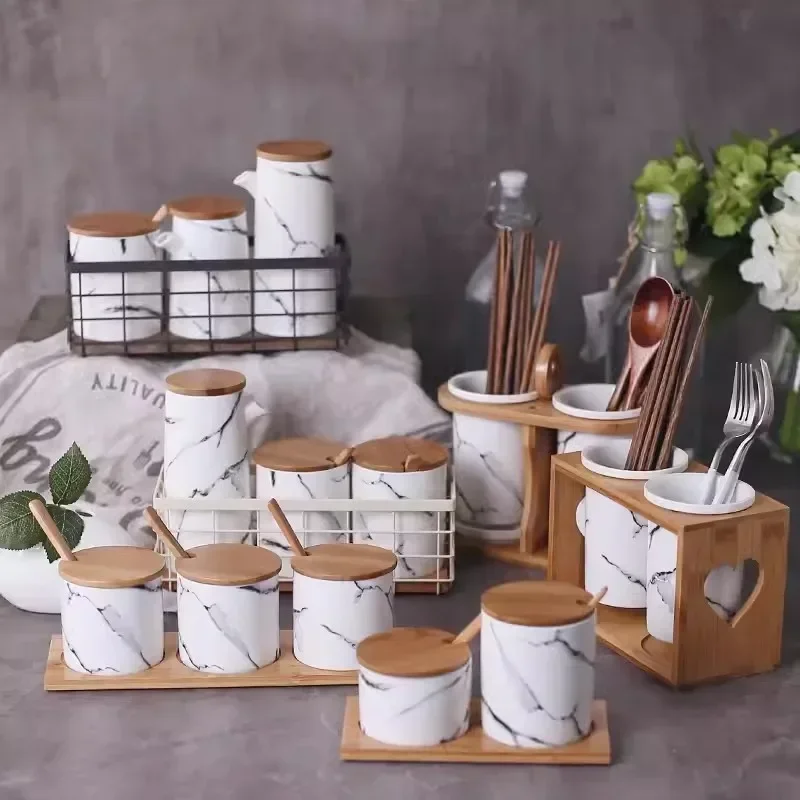 Marbled Ceramic Spice Jar Oil Can Condiment Box Seasoning Bottle Kitchen Spice Container Chopstick Holder Vinegar Pot Oil Bottle