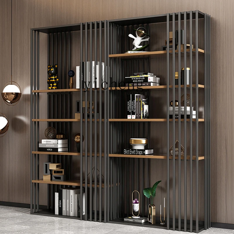 ZF Modern Minimalist Solid Wood Floor Bookshelf Iron Office Partition Industrial Style Display Stand