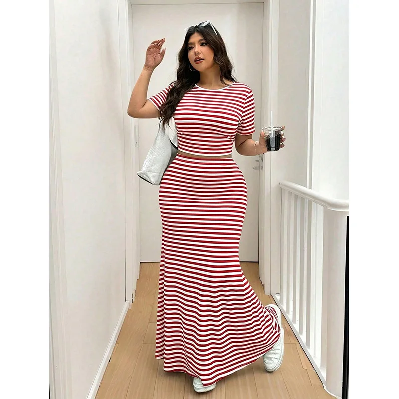 

European & American Style Women's Plus Size Striped Crop Top & Mermaid Maxi Skirt Set – 2026 Summer 2-piece Casual Wear