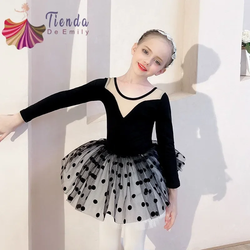 Black Dots Girls Training Skirt Children\'s Dance Clothes Grading Split Ballet Dress Kids Leotard For Gymnastics Long Sleeve Soft