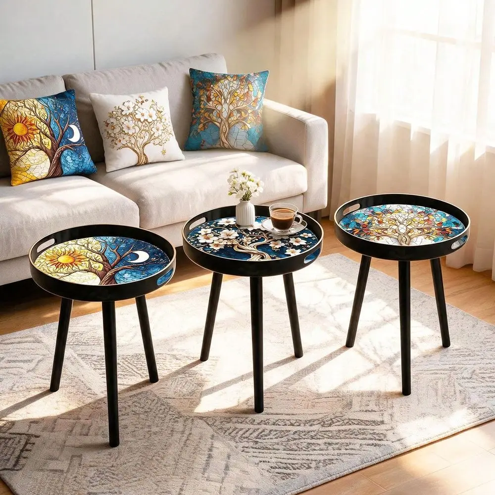 Tray Top Side Table,Painting Round Tree Of Life Print Side End Table,MultiPurpose Accent Coffee Table,Small Home Furniture,Work