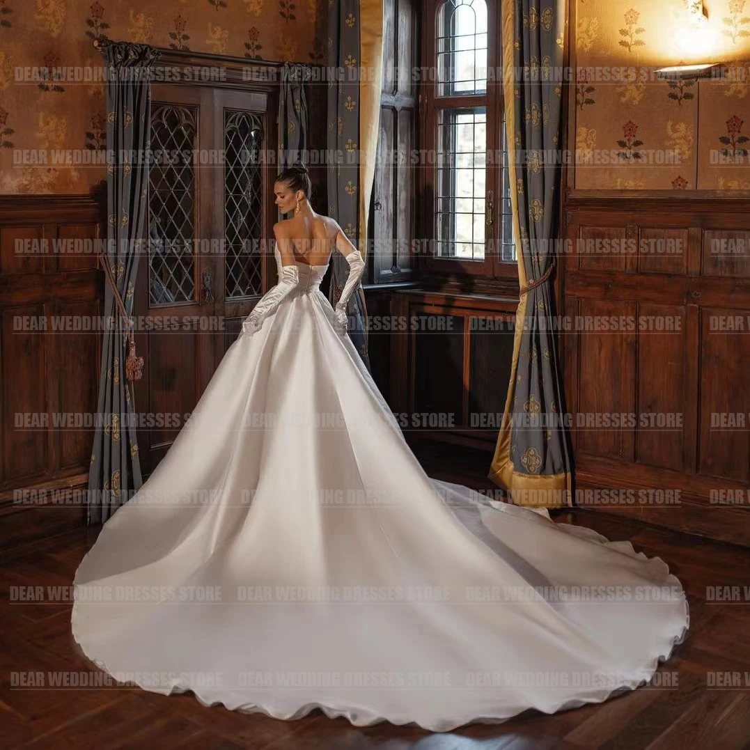 Vestidos de novia simples sin mangas para mujer, vestidos de novia de línea A con cuello de barco, vestidos de novia formales elegantes, Vestido de tren de barrido de satén plisado sin mangas