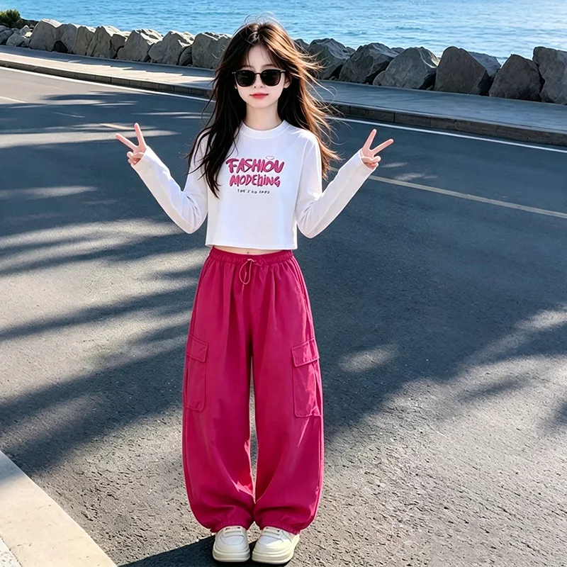 2026 autumn winter Teens Tracksuit Girls set 1PC long letter T-Shirt crop Top or Wide Leg cargo Pant Kid 4 6 7 8 9 10 12 14 Year