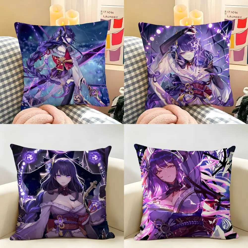 Raiden Shogun Genshin Impact Cushion Cover Natural Linen Organic Fabric Double-Sided Printing Room Sofa Decor Pillow Case