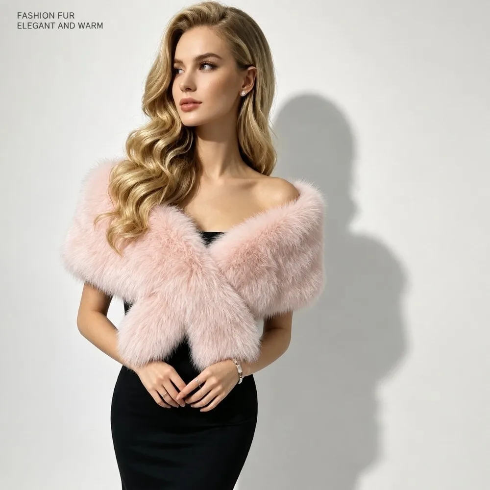Vintage Multicolor Faux Fur Shawl Imitation Fur Thick Bridal Stole Fur Decor Soft Fluffy Wrap Scarf Outdoor