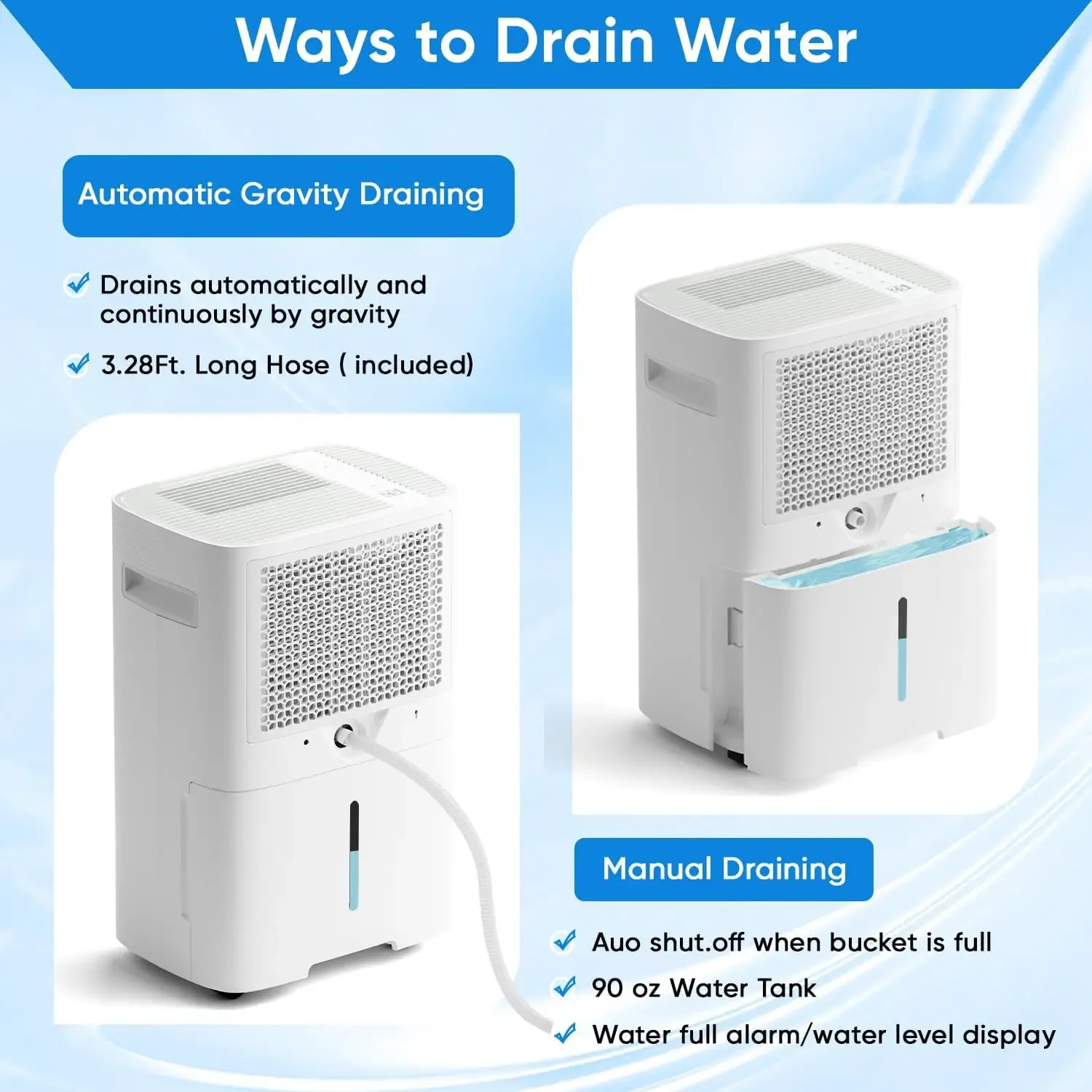 Dehumidifier for Basement and Home with Drain Hose & Water Tank, 3 Smart Modes, Humidity Control, Auto Defrost, 24H Timer- 2024