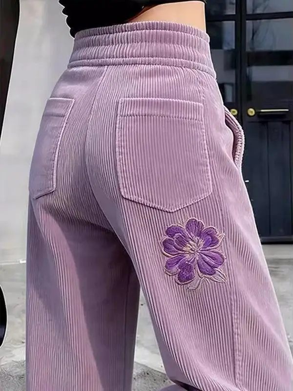 2027 Spring New High-Quality Casual Trousers Women Purple Printed Straight Wide-leg Pants Female Retro Joker Mop Pants Ladies