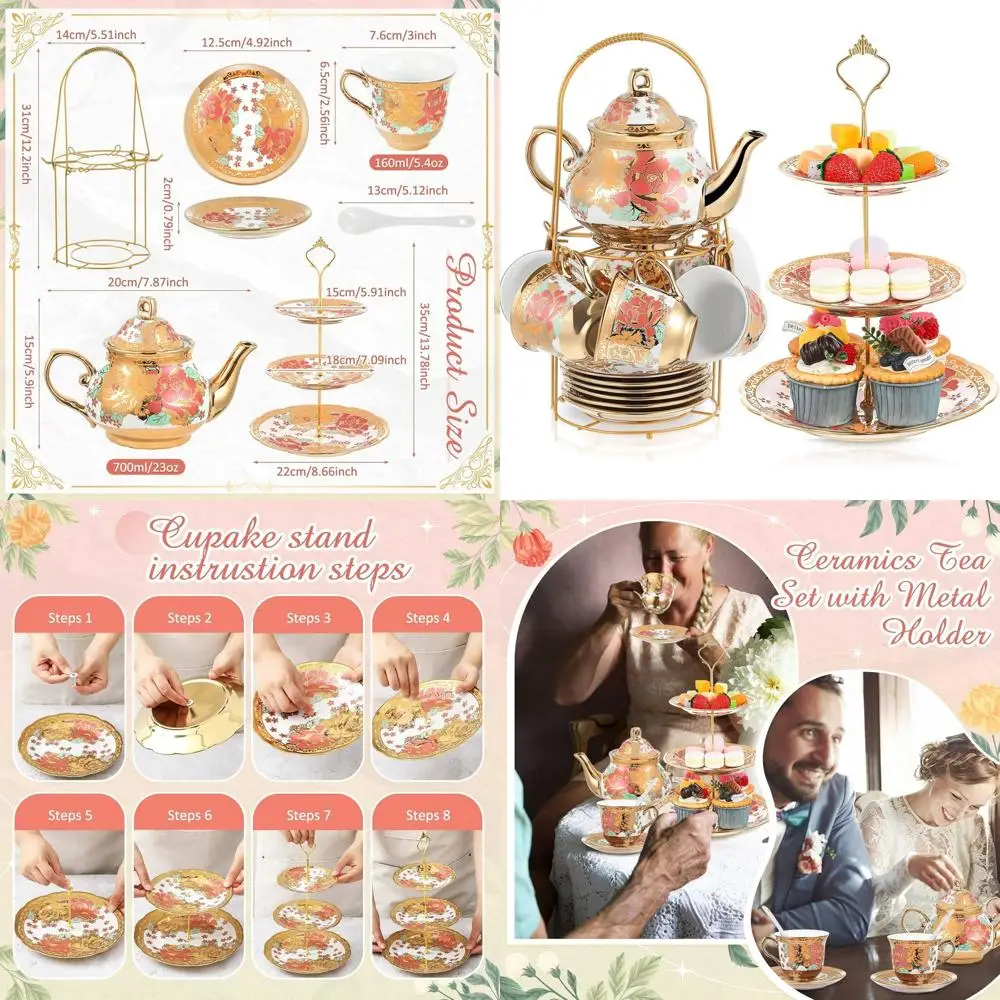 

Европейский цветочный набор для чаепития для взрослых с металлическим держателем, 3-уровневая керамическая подставка для торта, фарфоровая чашка для цветов, чайник, десерт, кекс