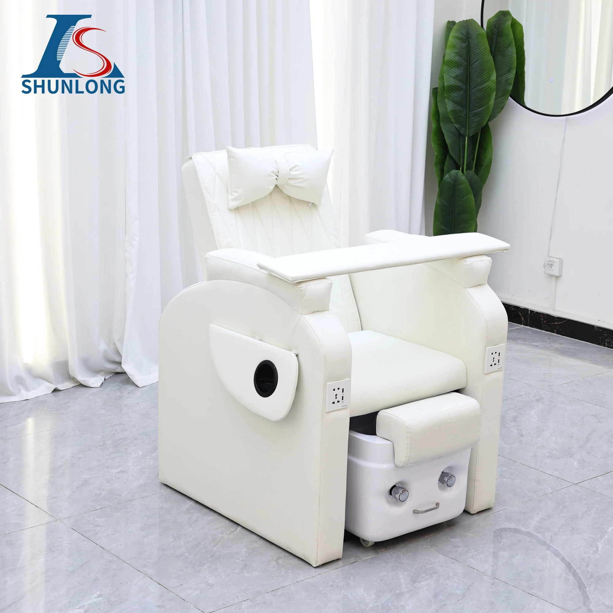 White PU Pedicure Spa Chair Reclining Nail Salon Chair with Pull-out Foot Basin & Cup Holder Beauty Furniture