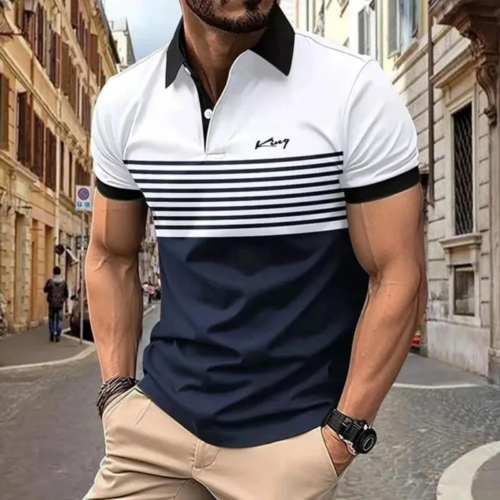 

European and American men's summer personalized striped letter print soft breathable polo shirt outdoor urban casual top