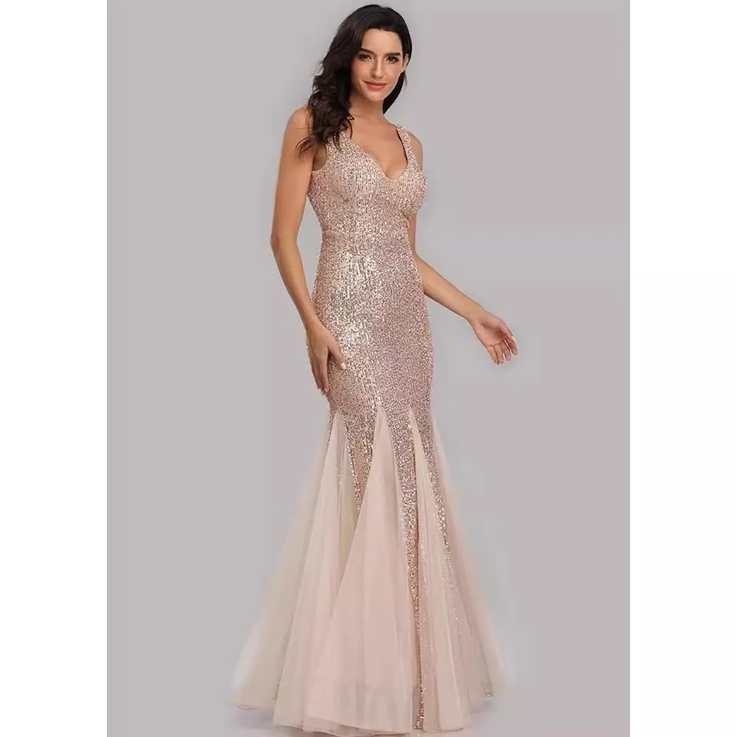 Elegant Prom Dress Wedding Guest Long Satin Sequin Evening Maxi Length Mermaid Formal Floor Length Sparkly Party Dress