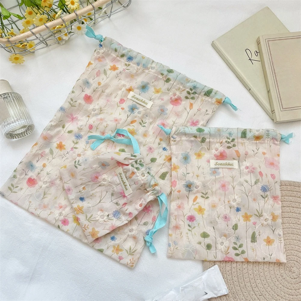New Floral Embroidery Women Makeup Bag Drawstring Storage Pouch Portable Travel Toiletries Cosmetics Organizer Packaging Bag