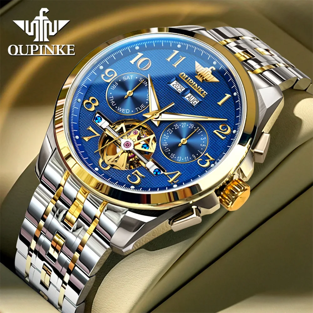 

OUPINKE 3263 Flywheel Hollow Men Watch Luxury Brand Tungsten Steel Waterproof Calendar Watch All Automatic Mechanical Watch Gift